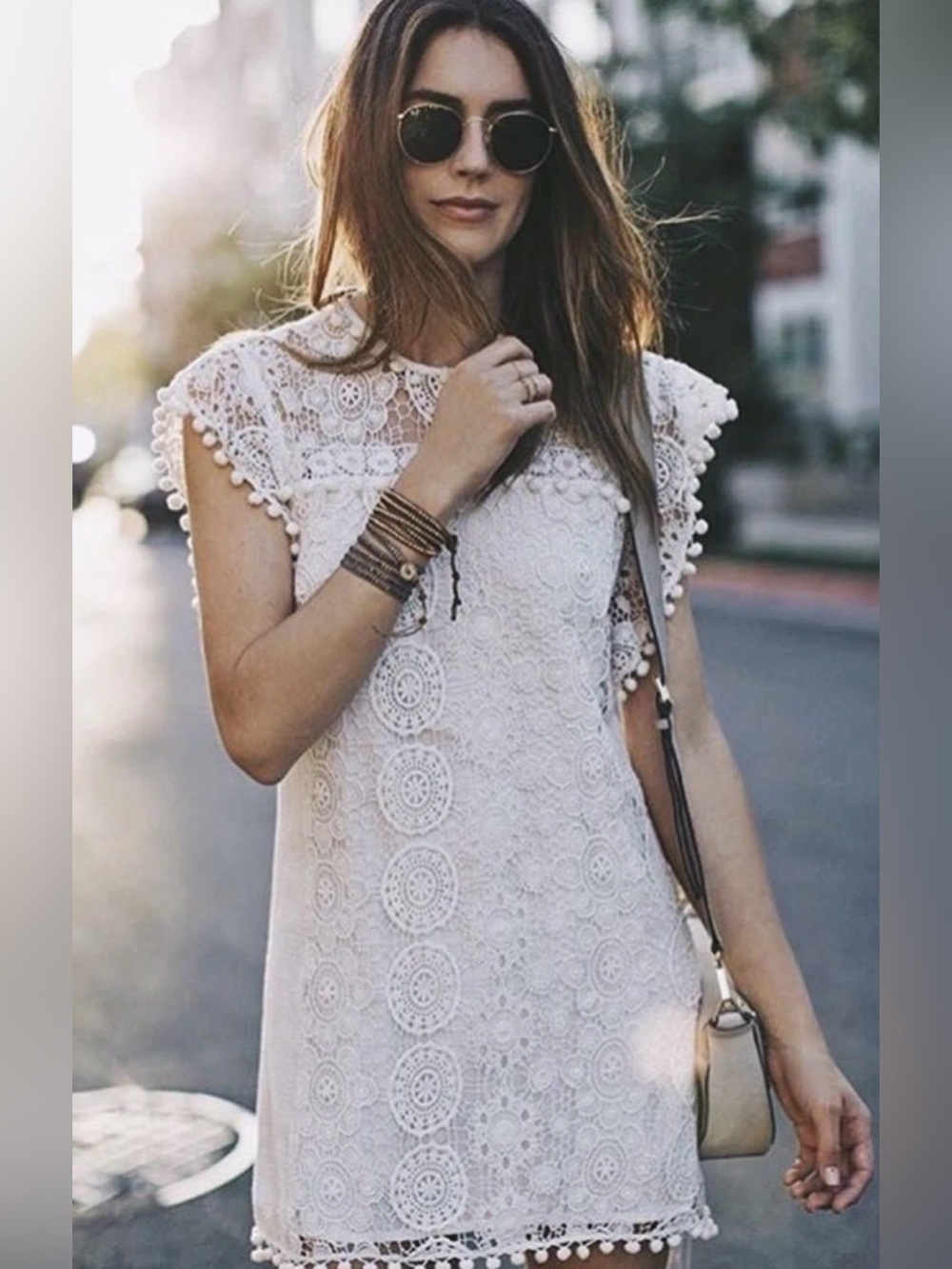 Tularosa Revolve White Crochet Lace Pom Pom Shift Dress Size Small
